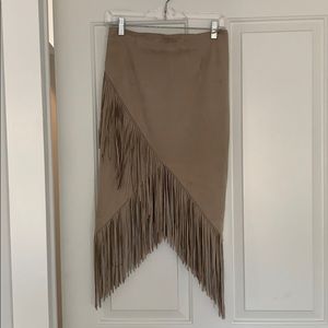 Camel faux suede fringe midi skirt